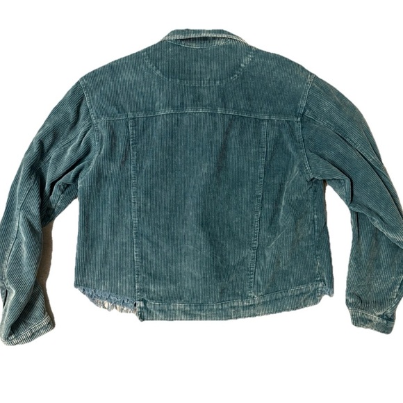 POL Blue Button Down Corduroy Trucker Jacket with Raw Hem Teal, Size Medium - Picture 10 of 12
